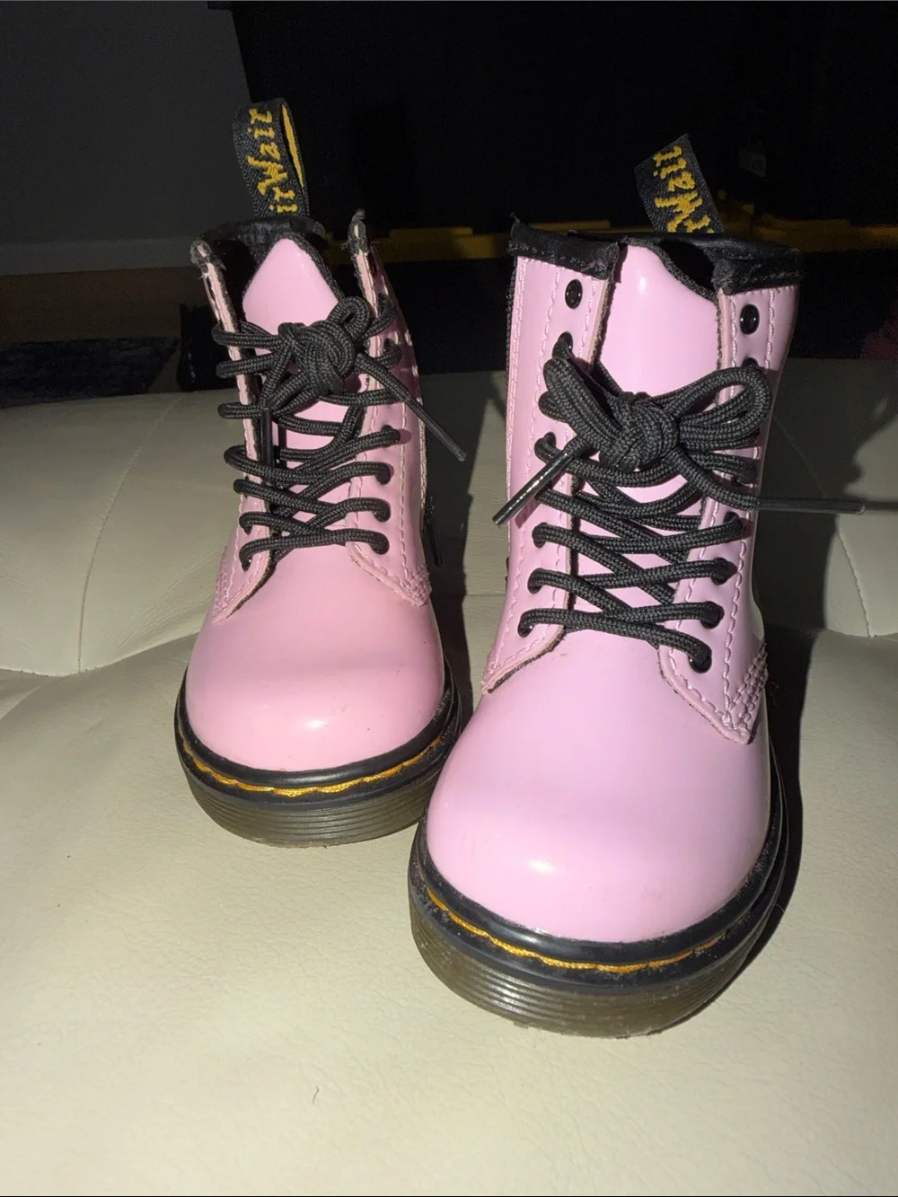 Dr. Martens Pink Patent Lace-Up Boots with Black Details